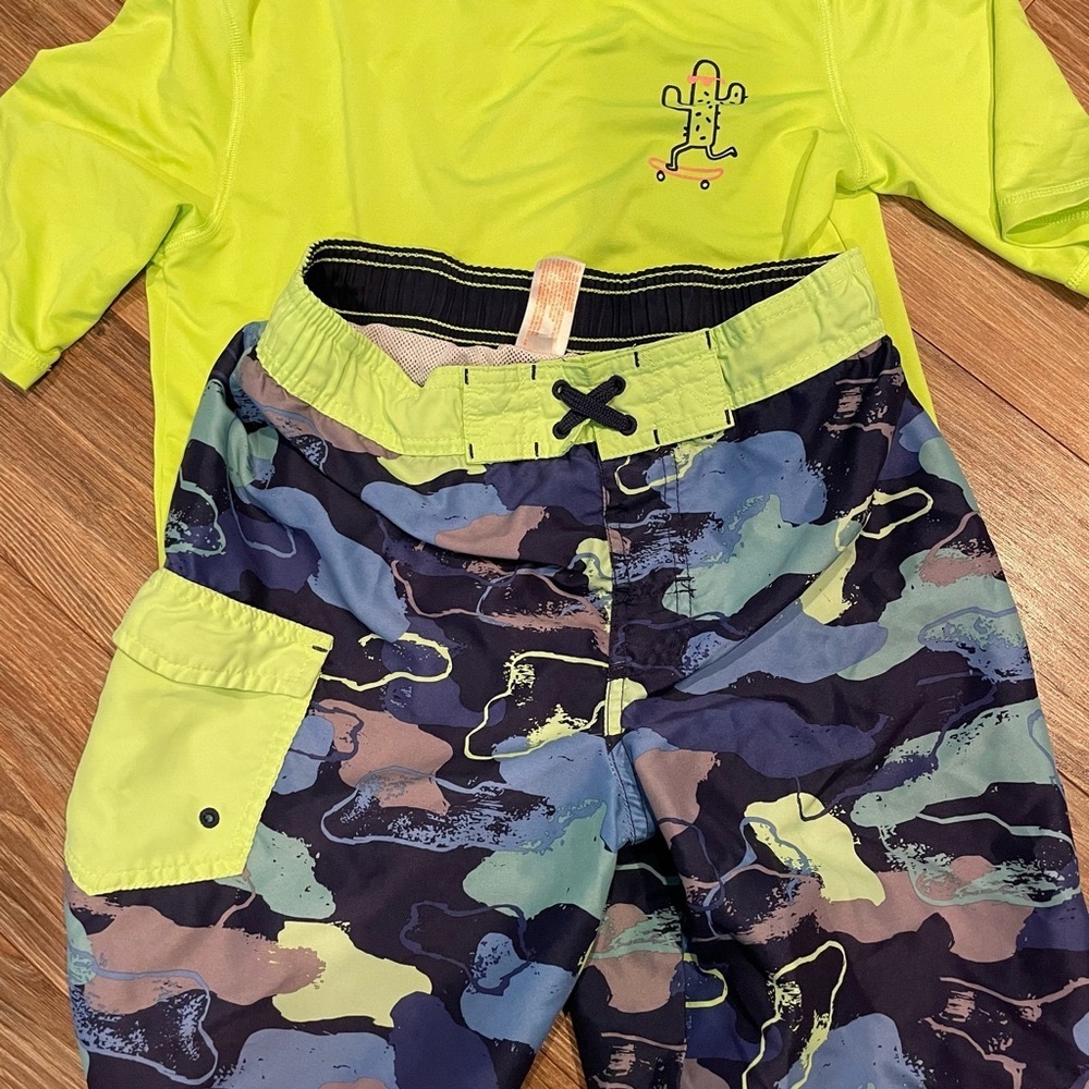 Cat & Jack Green and Blue Camo Swim Trunks and neon green rash guard shirt